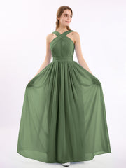 Devant Croisé Mousseline Robe Longue avec Nœud Olive Verte