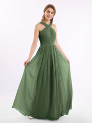 Devant Croisé Mousseline Robe Longue avec Nœud Olive Verte