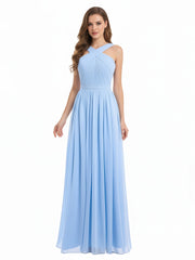 Devant Croisé Mousseline Robe Longue avec Nœud Bleu Ciel