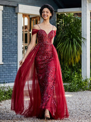 Robe de Soirée en Tulle Fourreau à Bretelles Spaghetti Bordeaux