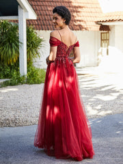 Robe de Soirée en Tulle Fourreau à Bretelles Spaghetti Bordeaux Grande Taille