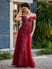 Robe de Soirée en Tulle Fourreau à Bretelles Spaghetti Bordeaux Grande Taille