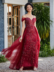 Robe de Soirée en Tulle Fourreau à Bretelles Spaghetti Bordeaux