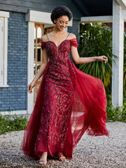 Robe de Soirée en Tulle Fourreau à Bretelles Spaghetti Bordeaux Grande Taille