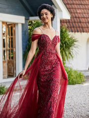 Robe de Soirée en Tulle Fourreau à Bretelles Spaghetti Bordeaux Grande Taille