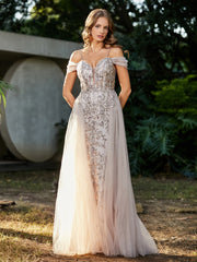 Robe de Soirée en Tulle Fourreau à Bretelles Spaghetti Champagne