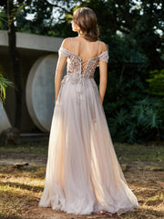 Robe de Soirée en Tulle Fourreau à Bretelles Spaghetti Champagne Grande Taille