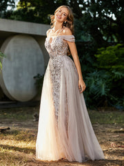 Robe de Soirée en Tulle Fourreau à Bretelles Spaghetti Champagne Grande Taille