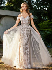 Robe de Soirée en Tulle Fourreau à Bretelles Spaghetti Champagne Grande Taille