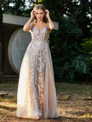 Robe de Soirée en Tulle Fourreau à Bretelles Spaghetti Champagne Grande Taille