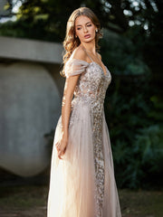 Robe de Soirée en Tulle Fourreau à Bretelles Spaghetti Champagne Grande Taille
