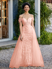 Robe de Soirée en Tulle Fourreau à Bretelles Spaghetti Corail Grande Taille