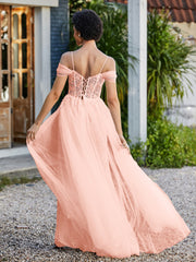 Robe de Soirée en Tulle Fourreau à Bretelles Spaghetti Corail