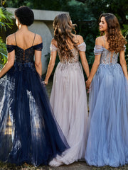 Robe de Soirée en Tulle Fourreau à Bretelles Spaghetti Bleu Marine