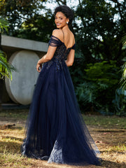 Robe de Soirée en Tulle Fourreau à Bretelles Spaghetti Bleu Marine