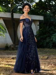 Robe de Soirée en Tulle Fourreau à Bretelles Spaghetti Bleu Marine Grande Taille