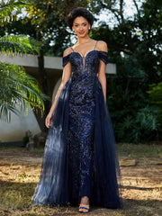 Robe de Soirée en Tulle Fourreau à Bretelles Spaghetti Bleu Marine