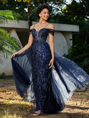 Robe de Soirée en Tulle Fourreau à Bretelles Spaghetti Bleu Marine