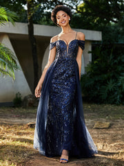 Robe de Soirée en Tulle Fourreau à Bretelles Spaghetti Bleu Marine