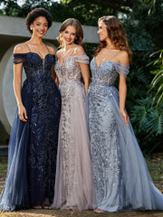 Robe de Soirée en Tulle Fourreau à Bretelles Spaghetti Bleu Marine Grande Taille