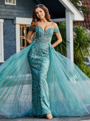Robe de Soirée en Tulle Fourreau à Bretelles Spaghetti Jade Grande Taille