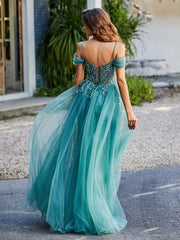 Robe de Soirée en Tulle Fourreau à Bretelles Spaghetti Jade Grande Taille
