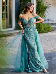 Robe de Soirée en Tulle Fourreau à Bretelles Spaghetti Jade