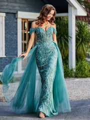Robe de Soirée en Tulle Fourreau à Bretelles Spaghetti Jade Grande Taille