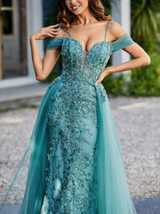 Robe de Soirée en Tulle Fourreau à Bretelles Spaghetti Jade
