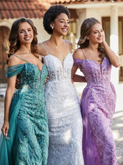 Robe de Soirée en Tulle Fourreau à Bretelles Spaghetti Lilas