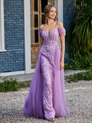 Robe de Soirée en Tulle Fourreau à Bretelles Spaghetti Lilas Grande Taille