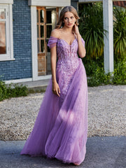 Robe de Soirée en Tulle Fourreau à Bretelles Spaghetti Lilas