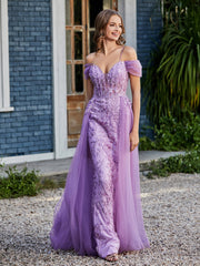 Robe de Soirée en Tulle Fourreau à Bretelles Spaghetti Lilas