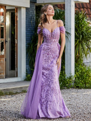 Robe de Soirée en Tulle Fourreau à Bretelles Spaghetti Lilas
