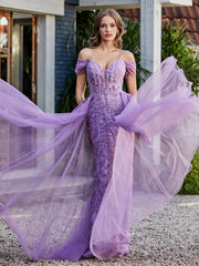 Robe de Soirée en Tulle Fourreau à Bretelles Spaghetti Lilas