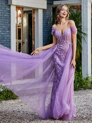 Robe de Soirée en Tulle Fourreau à Bretelles Spaghetti Lilas Grande Taille