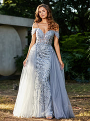 Robe de Soirée en Tulle Fourreau à Bretelles Spaghetti Argent Grande Taille