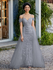 Robe de Soirée en Tulle Fourreau à Bretelles Spaghetti Gris Acier