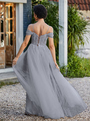 Robe de Soirée en Tulle Fourreau à Bretelles Spaghetti Gris Acier Grande Taille