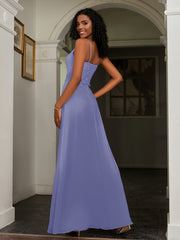 Robe Appliquée en A-ligne en Mousseline et Dentelle à Dos Nu Pervenche