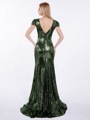 Paillettes Sirène Robe avec Mancherons Olive Verte Grande Taille