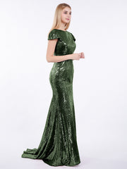 Paillettes Sirène Robe avec Mancherons Olive Verte Grande Taille