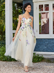 Robe de A-ligne en Tulle Longeur de Mollet à Col en Cœur Jonquille