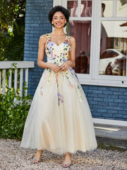 Robe de A-ligne en Tulle Longeur de Mollet à Col en Cœur Jonquille Grande Taille