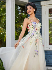Robe de A-ligne en Tulle Longeur de Mollet à Col en Cœur Jonquille