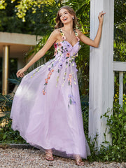Robe de A-ligne en Tulle Longeur de Mollet à Col en Cœur Lilas Grande Taille