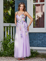 Robe de A-ligne en Tulle Longeur de Mollet à Col en Cœur Lilas Grande Taille
