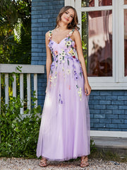 Robe de A-ligne en Tulle Longeur de Mollet à Col en Cœur Lilas Grande Taille