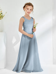 Robes de Demoiselle d'Honneur Junior Froncée à Col en V Longueur au Sol Bleu Poudré