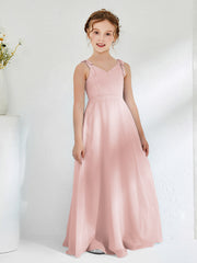 Robes de Demoiselle d'Honneur Junior Froncée à Col en V Longueur au Sol Rose Poudré